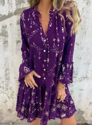 Women’s Dress - Flared Fit - Lace Bell Sleeves - Tiered Hem - Metallic Detail - Button Front