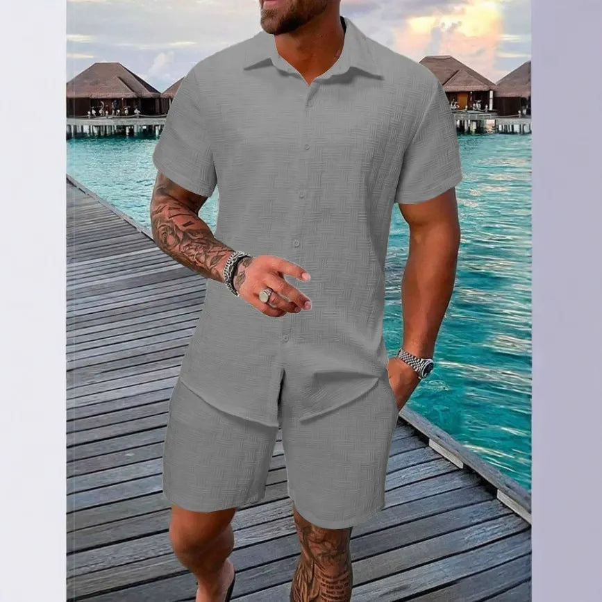 Men’s Casual Set - Relaxed Fit - Jacquard Texture - Short Sleeve Casual Wear