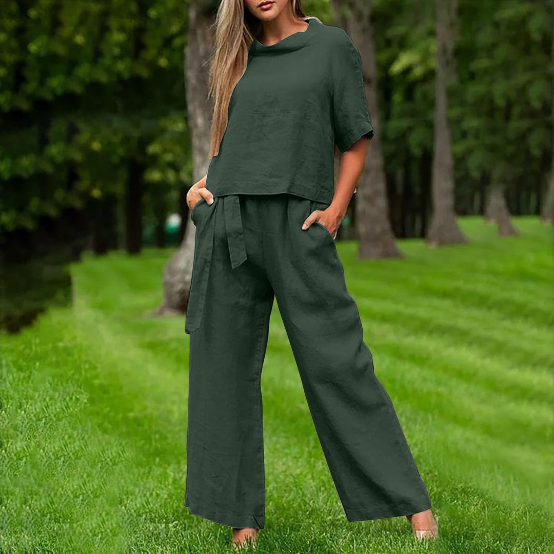 Women’s Two-Piece Set – Relaxed Fit – Short Sleeve Top – Wide-Leg Pants – Cotton