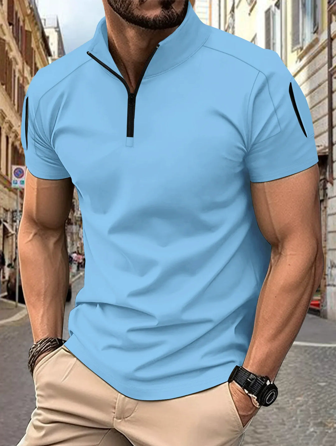 Men’s Polo Shirt - Slim Fit - Cotton Blend - Zip Collar - Tactical Sleeve Pockets