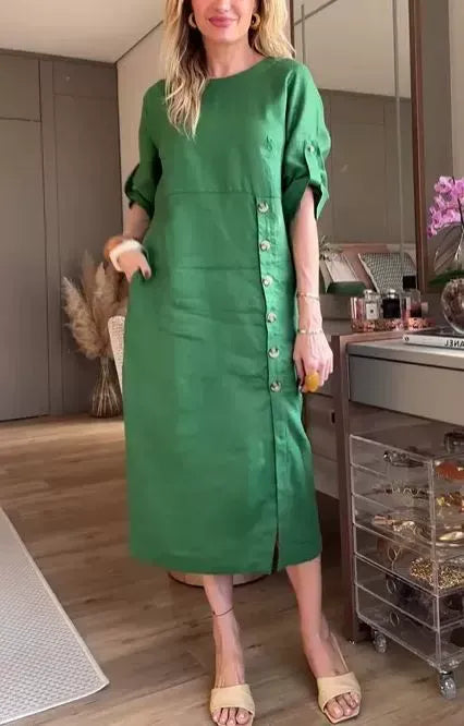 Women’s Midi Dress – Cotton Linen – Relaxed Fit – Short Sleeve – Side Button Detail