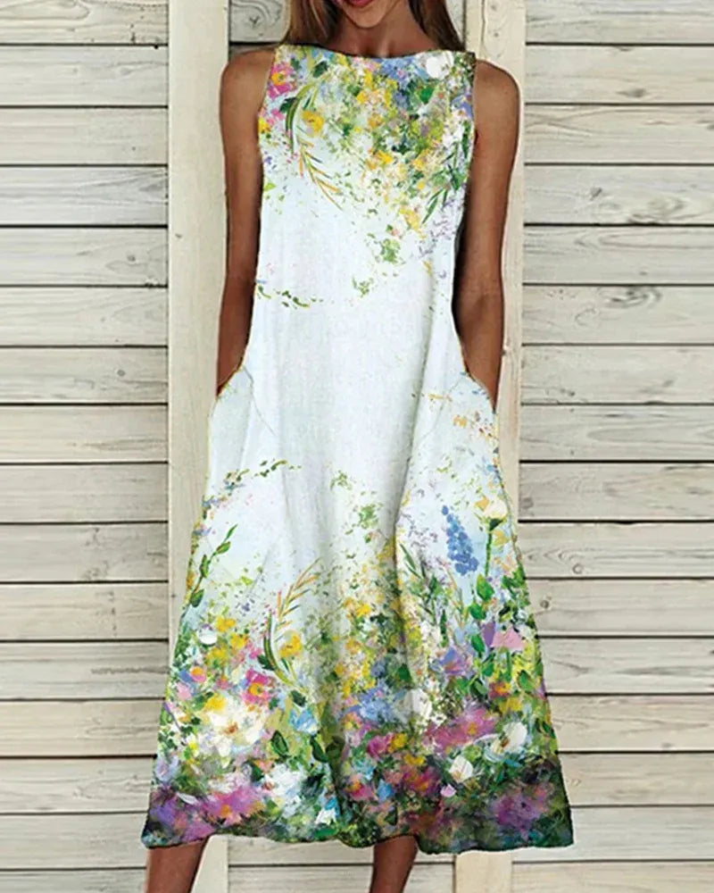 Women’s Midi Dress – Sleeveless A-Line – Relaxed Fit – Breathable Blend – Floral Detail