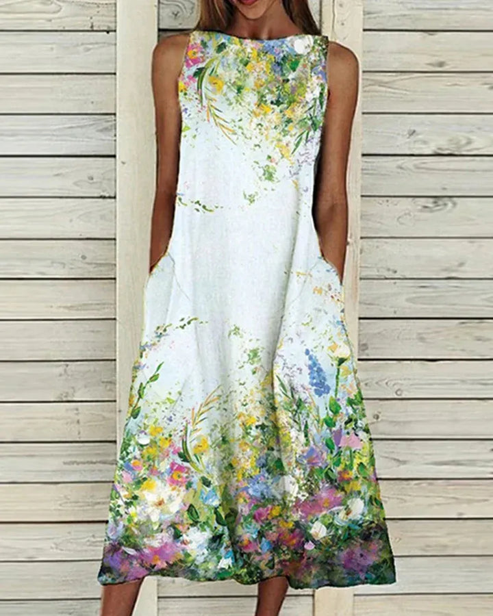 Women’s Midi Dress – Sleeveless A-Line – Relaxed Fit – Breathable Blend – Floral Detail