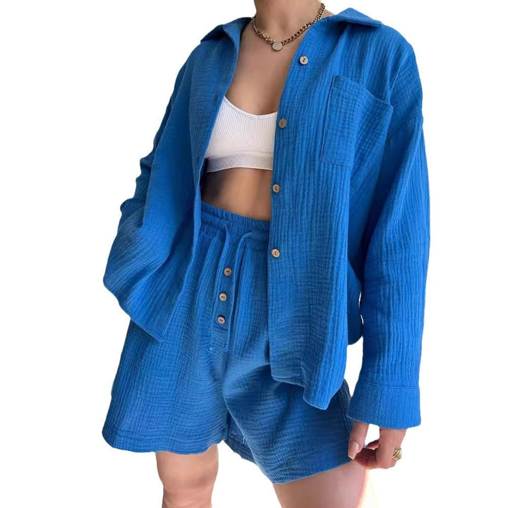 Women’s Two-Piece Set – Relaxed Fit Button Shirt – High Waist Drawstring Shorts – Cotton