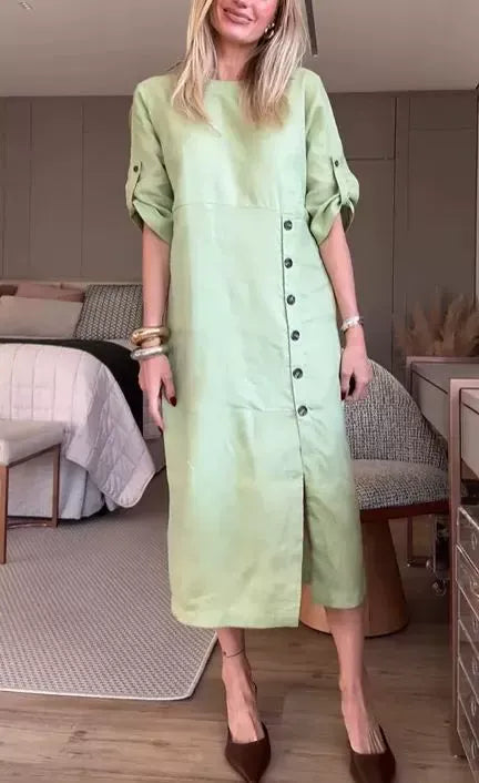 Women’s Midi Dress – Cotton Linen – Relaxed Fit – Short Sleeve – Side Button Detail