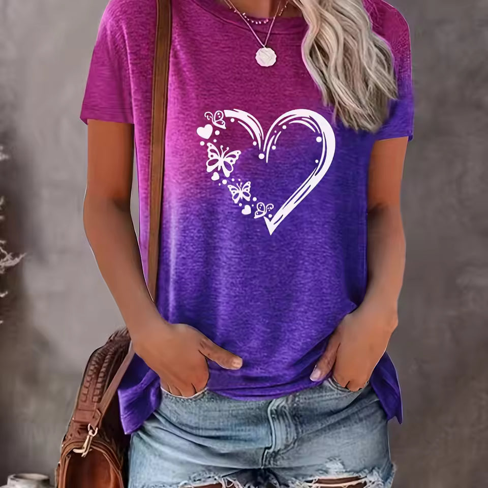 Women’s T-Shirt - Cotton Blend - Oversized Fit - Heart and Butterfly Print - Round Neck