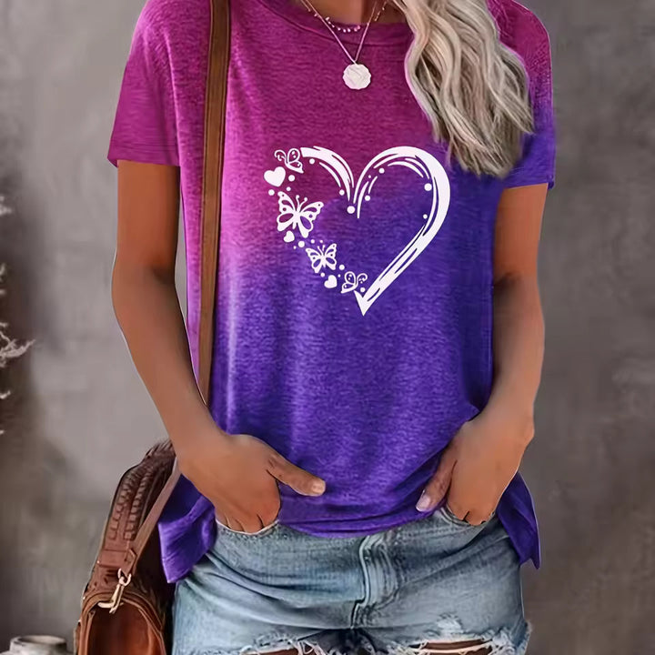 Women’s T-Shirt - Cotton Blend - Oversized Fit - Heart and Butterfly Print - Round Neck