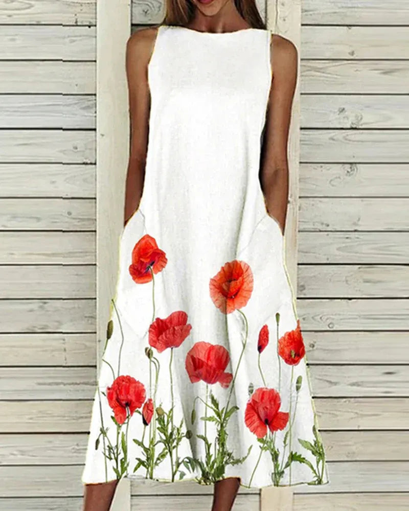 Women’s Midi Dress – Sleeveless A-Line – Relaxed Fit – Breathable Blend – Floral Detail