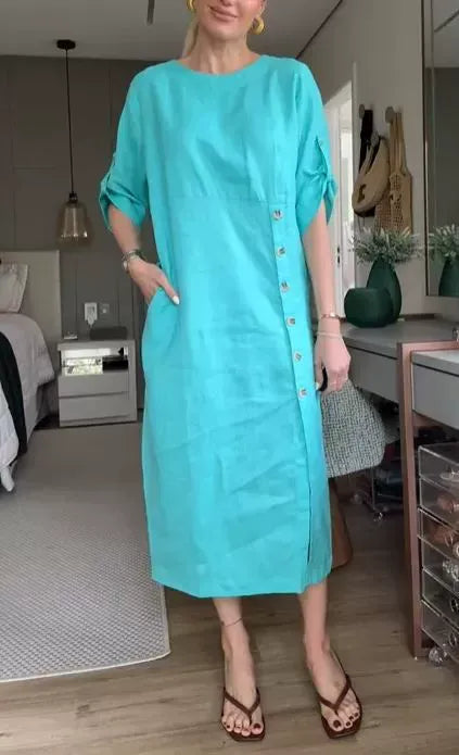 Women’s Midi Dress – Cotton Linen – Relaxed Fit – Short Sleeve – Side Button Detail