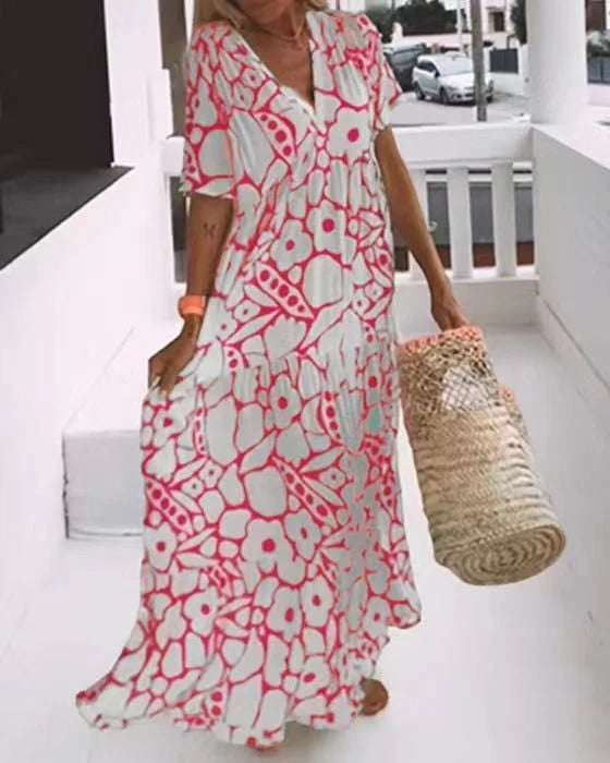 Women’s Maxi Dress – A-Line Fit – V-Neck – Short Sleeve – Breathable Blend – Tiered Hem