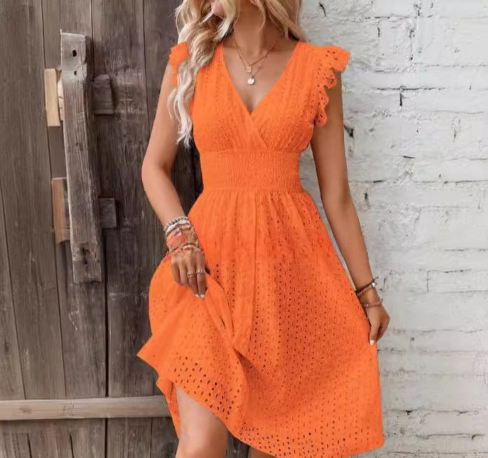 Women’s Midi Dress – A-Line Fit – Broderie Anglaise – Ruffled Sleeves – Wrap Neckline