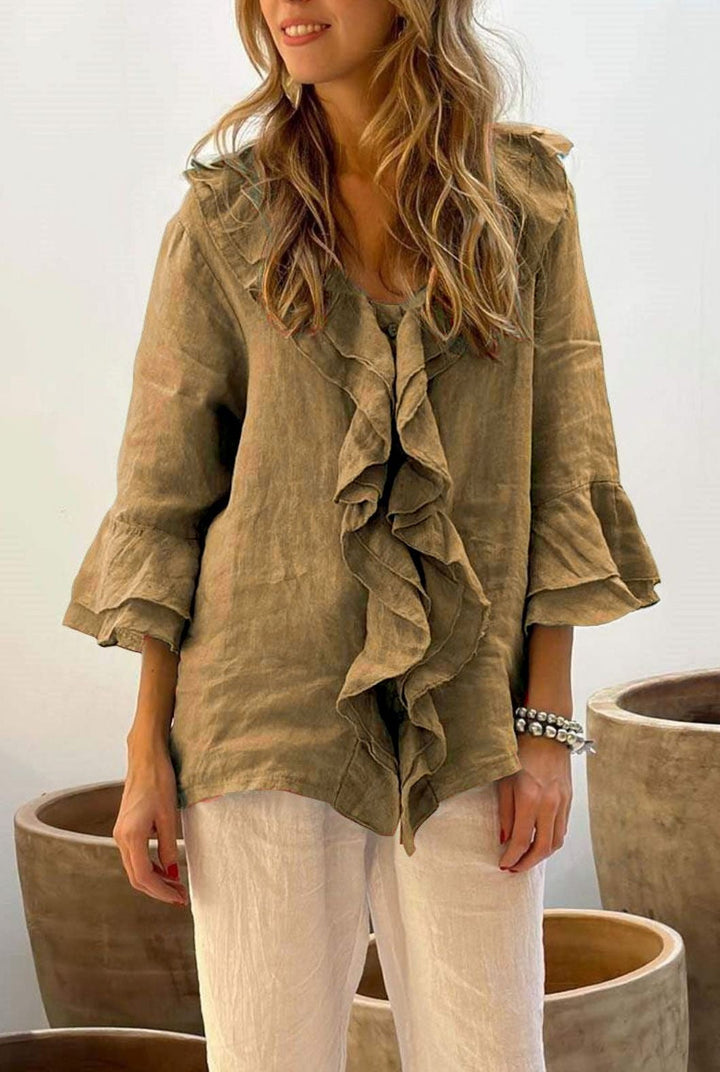 Women’s V-Neck Top – Loose Fit – Flying Sleeves – Ruffle Trim – Linen Blend
