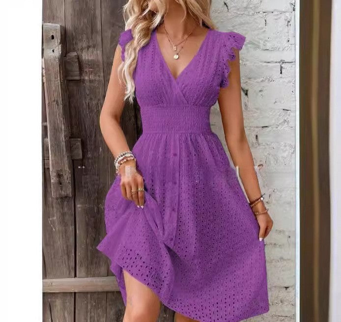Women’s Midi Dress – A-Line Fit – Broderie Anglaise – Ruffled Sleeves – Wrap Neckline