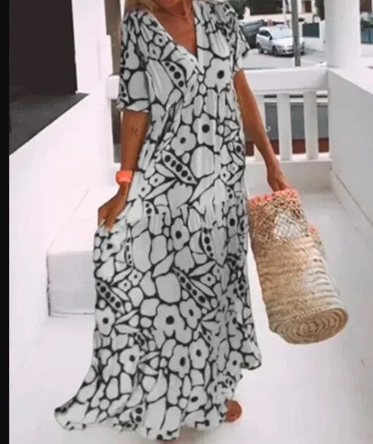 Women’s Maxi Dress – A-Line Fit – V-Neck – Short Sleeve – Breathable Blend – Tiered Hem