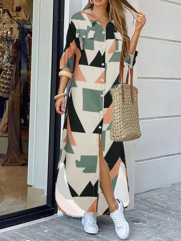 Women’s Maxi Dress – Relaxed Fit – Cotton Feel – Geometric Print – Button Front – Pockets