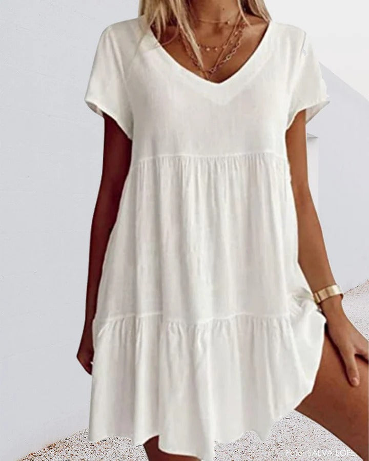 Women’s A-Line Dress – Breathable Blend – Relaxed Fit – V-Neck – Tiered Layers