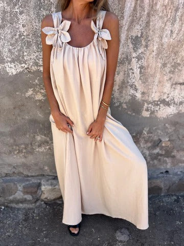 Women’s Maxi Dress – Relaxed Fit – Flowing Silhouette – Floral Shoulder Accents – Breathable Blend