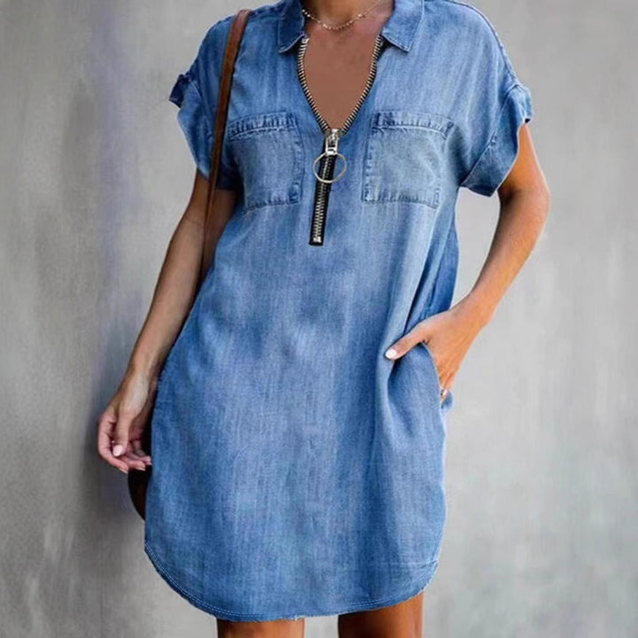 Women’s Denim Dress – Relaxed Fit – Zipper Front – Short Sleeve – Utility Pockets