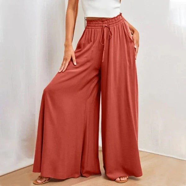 Women’s Wide-Leg Pants – High Waist – Breathable Cotton – Drawstring Waist – Full Length