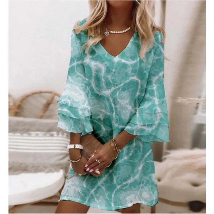 Women’s Mini Dress – Relaxed Fit – V-Neck – Three-Quarter Flare Sleeve – Breathable Blend