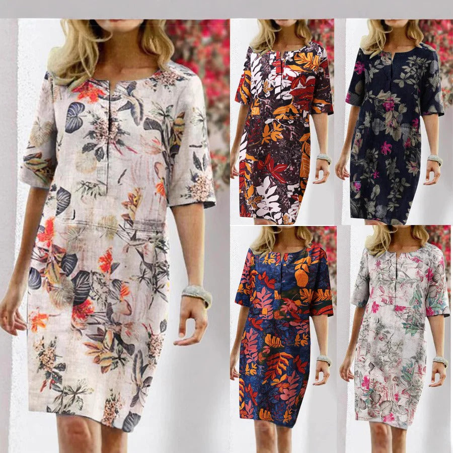 Women’s Shift Dress – Tropical Print – Relaxed Fit – Knee Length – Breathable Fabric