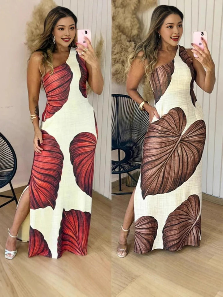 Women’s Maxi Dress - Slim Fit - High Neck - Sleeveless - Leaf Print - Side Slit