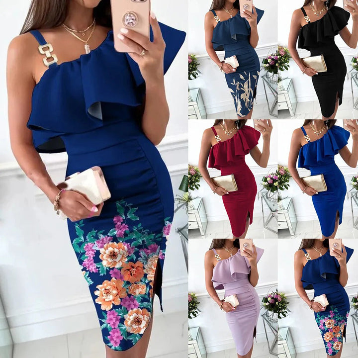 Women’s Midi Dress – Satin Finish – Slim Fit – Ruffle Front – Statement Straps – Side Slit