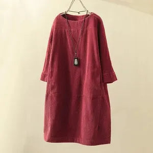 Women’s Corduroy Dress – Relaxed Fit – Midi Length – Round Neck – 3/4 Sleeve Casual Style