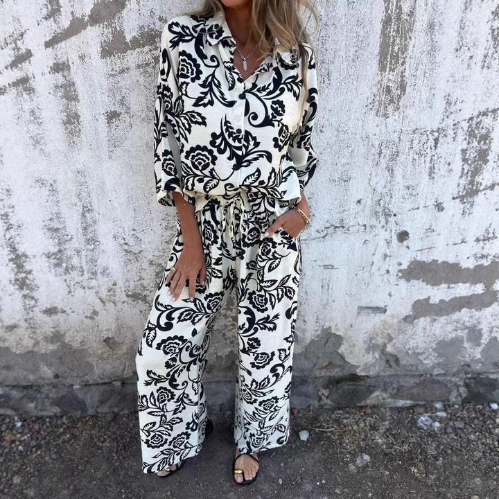 Women’s Two-Piece Set – Relaxed Fit – Cotton Blend – Button Blouse & Wide-Leg Pants