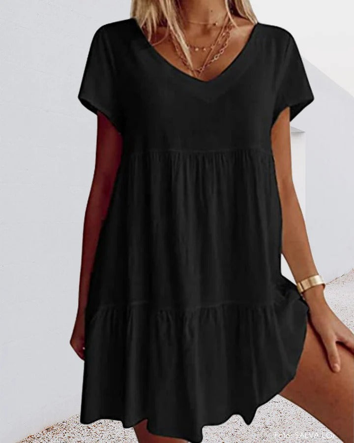 Women’s A-Line Dress – Breathable Blend – Relaxed Fit – V-Neck – Tiered Layers