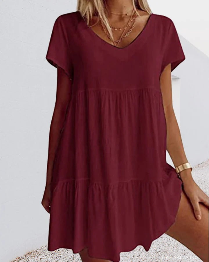 Women’s A-Line Dress – Breathable Blend – Relaxed Fit – V-Neck – Tiered Layers