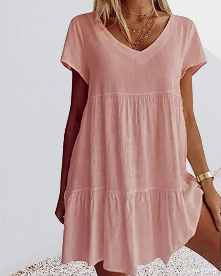 Women’s A-Line Dress – Breathable Blend – Relaxed Fit – V-Neck – Tiered Layers