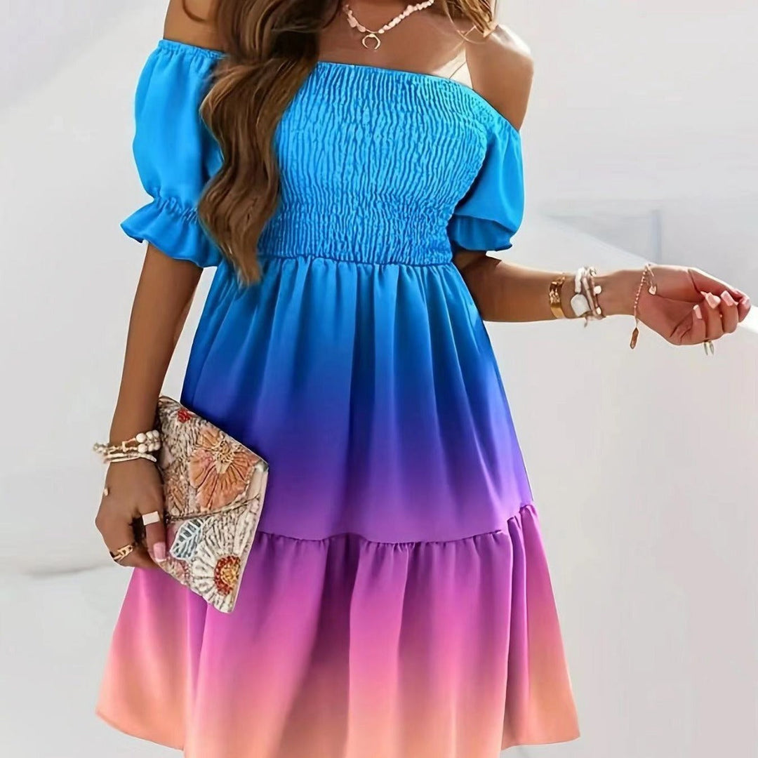 Women’s Midi Dress – Off-Shoulder Ruffle – Smocked Bodice – Puff Sleeve A-Line Fit
