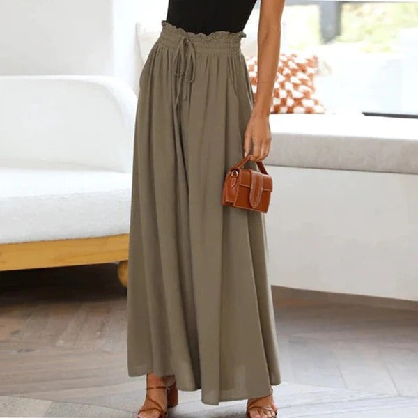 Women’s Wide-Leg Pants – High Waist – Breathable Cotton – Drawstring Waist – Full Length