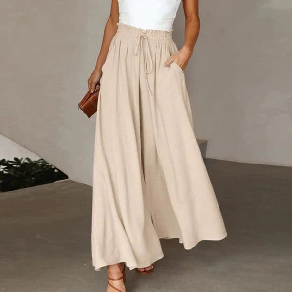 Women’s Wide-Leg Pants – High Waist – Breathable Cotton – Drawstring Waist – Full Length