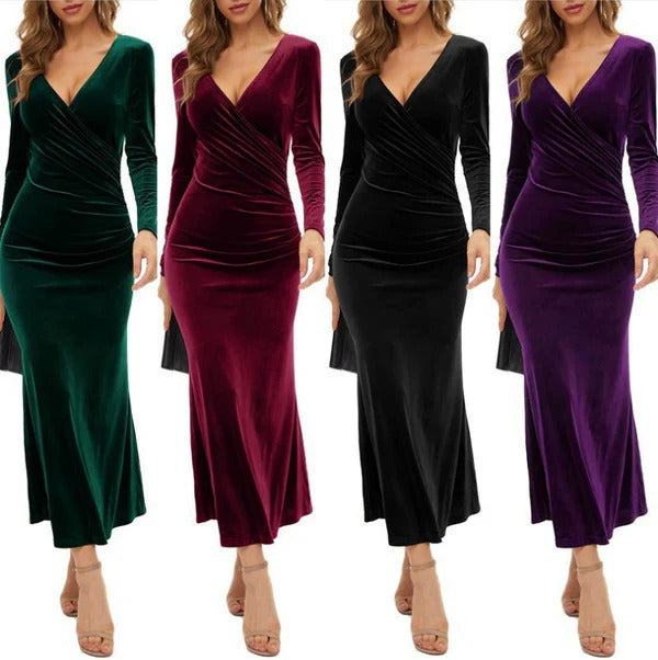 Women’s Maxi Dress – Bodycon Fit – V-Neck – Long Sleeve – Ruched Elegant Silhouette