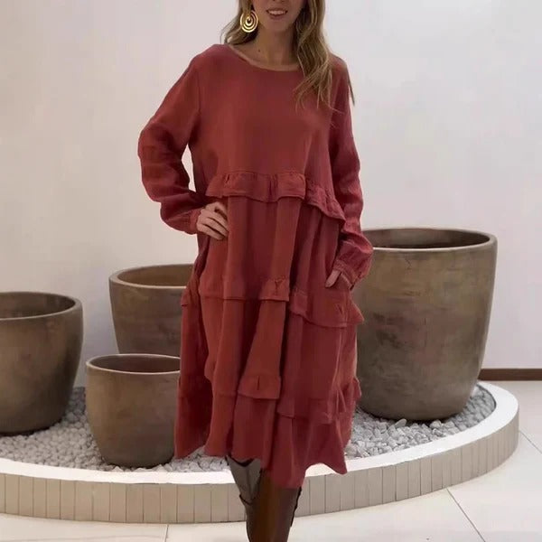 Women’s Maxi Dress – Linen – A-Line Relaxed Fit – Ruffled Long Sleeve Modest Style