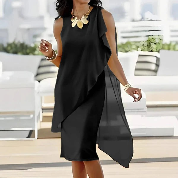 Women’s Evening Dress – Asymmetrical Hem – Sleeveless – Flowing Fit