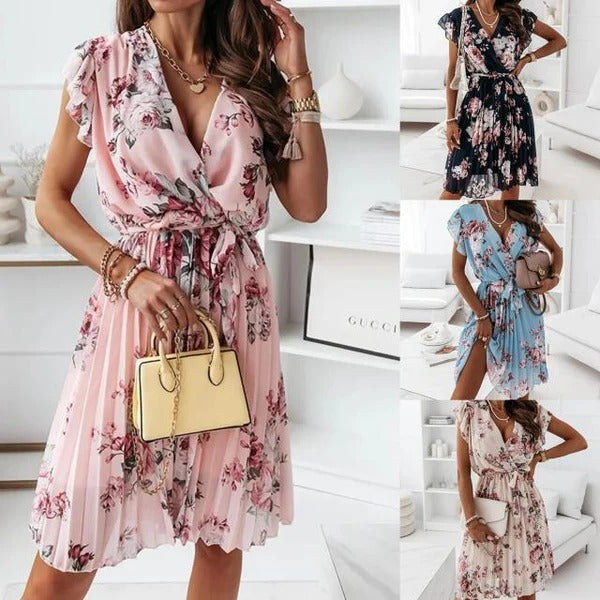 Women’s Wrap Dress – Flowy Fit – V-Neck – Ruffled Sleeves – Side Tie – Midi Length