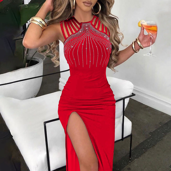 Women’s Maxi Dress – Strappy Bodice – Sparkling Detail – High Slit – Elegant Fit