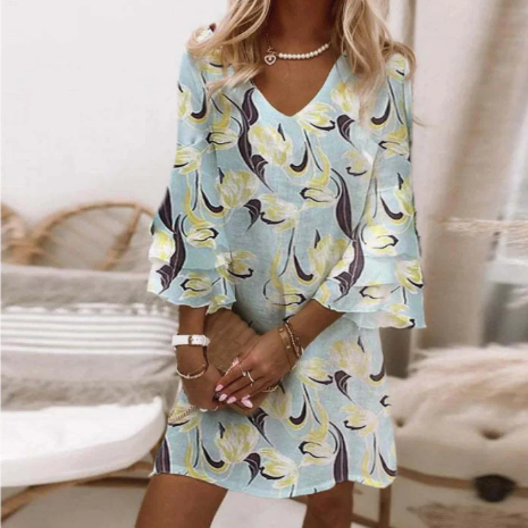 Women’s Mini Dress – Relaxed Fit – V-Neck – Three-Quarter Flare Sleeve – Breathable Blend