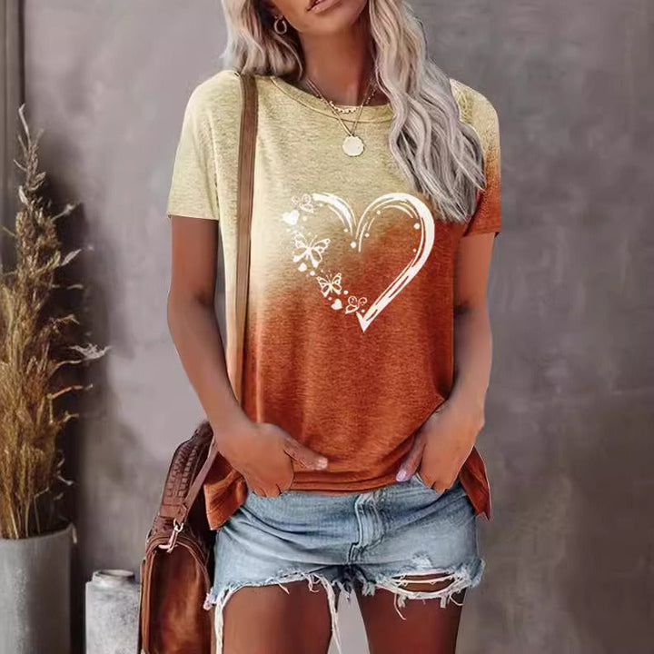 Women’s T-Shirt - Cotton Blend - Oversized Fit - Heart and Butterfly Print - Round Neck