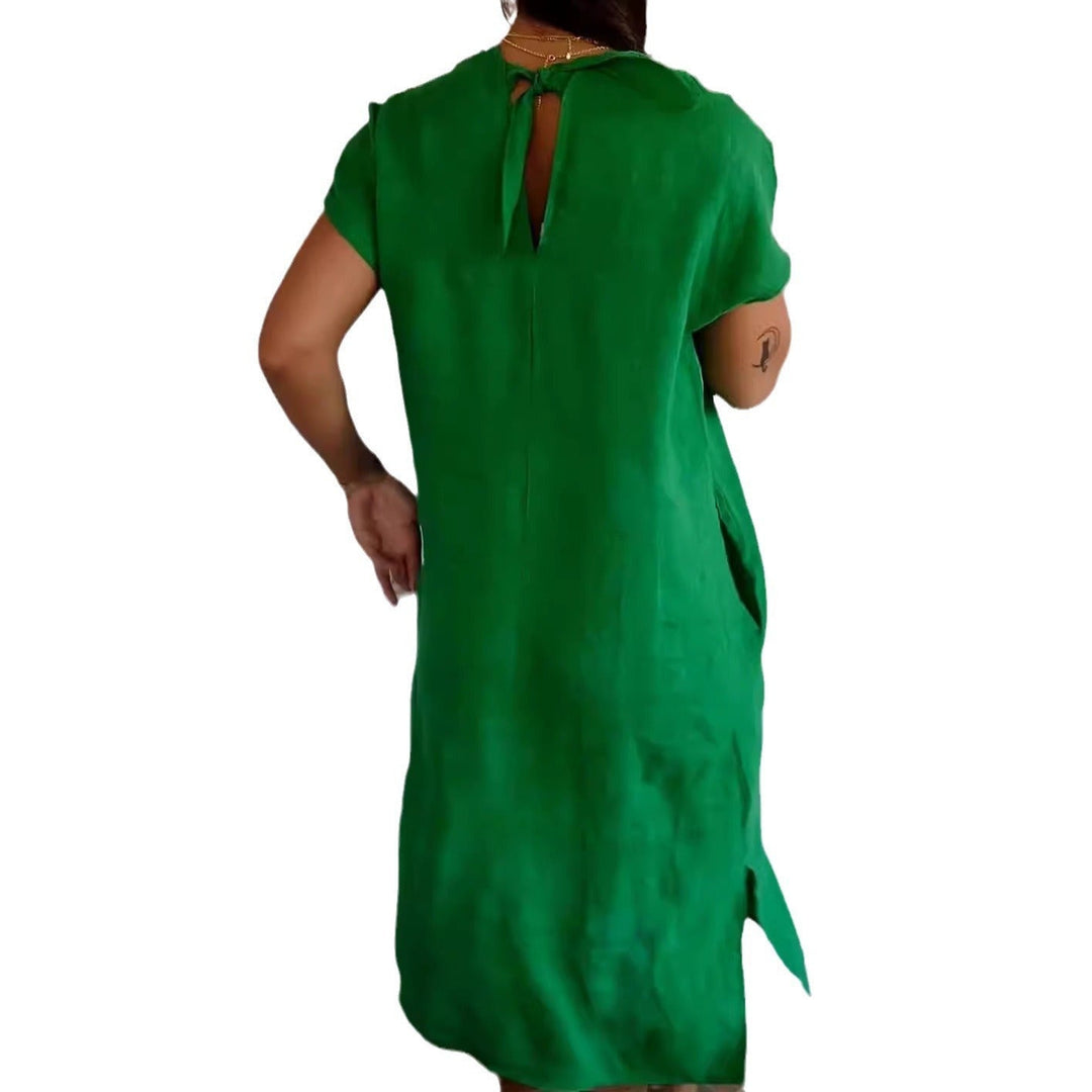 Women’s Maxi Dress - Soft Cotton Feel - Relaxed Fit - V-Neck - Short Sleeve - With Pockets
