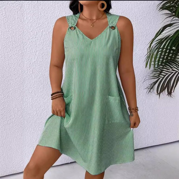 Women’s A-Line Dress – V-Neck – Soft Blend – Knee Length – Pocket Detail – Shoulder Ring Trim