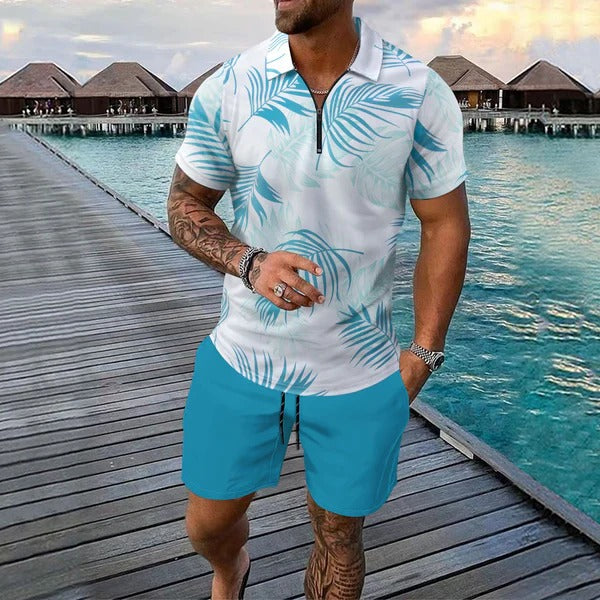 Men’s Polo Shirt and Short Set – Slim Fit – Zip Neck – Short Sleeve – Tropical Print