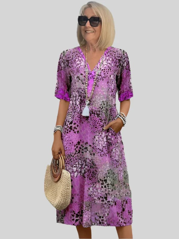 Women’s Midi Dress – Relaxed Fit – V-Neck – Short Sleeve – with Pockets