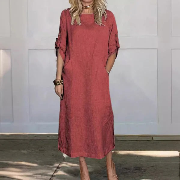 Women’s Maxi Dress – Linen Feel – Relaxed Fit – Roll-Up Sleeves – Side Pockets