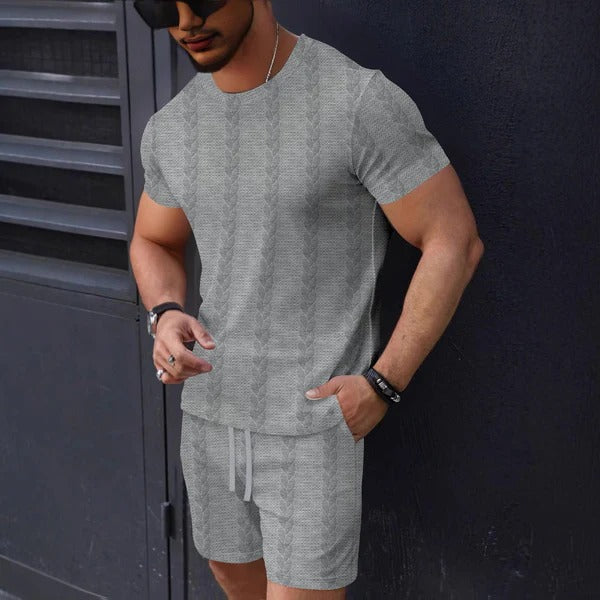 Men’s T-Shirt and Shorts Set – Textured Knit – Regular Fit – Crew Neck – Drawstring Waist