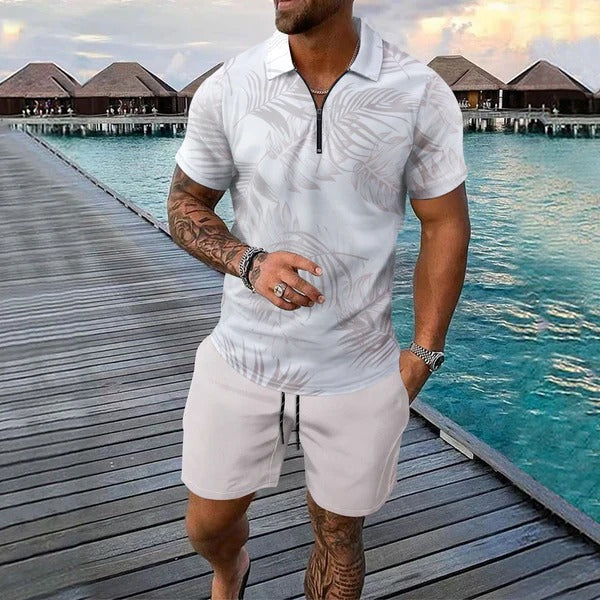 Men’s Polo Shirt and Short Set – Slim Fit – Zip Neck – Short Sleeve – Tropical Print