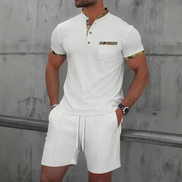 Men’s Casual Set – Slim Fit – Cotton – Short Sleeve – Chest Pocket – Drawstring Shorts